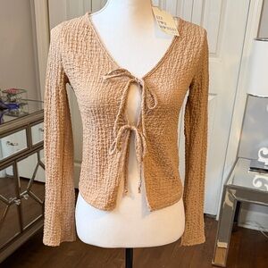 See You Monday - Tan Textured Tie-Front Top Small ❤️